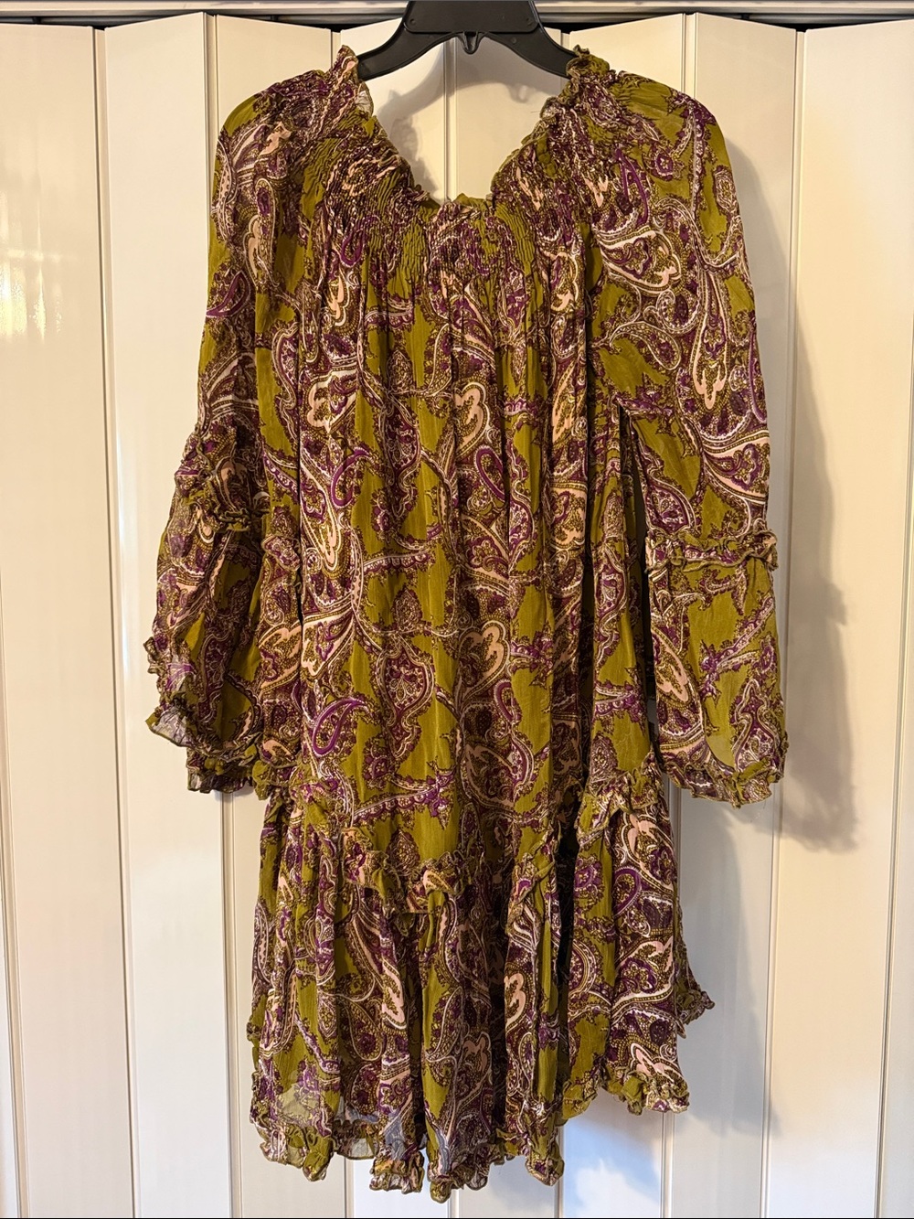 Olive Paisley Mini Dress with Ruffled Hem